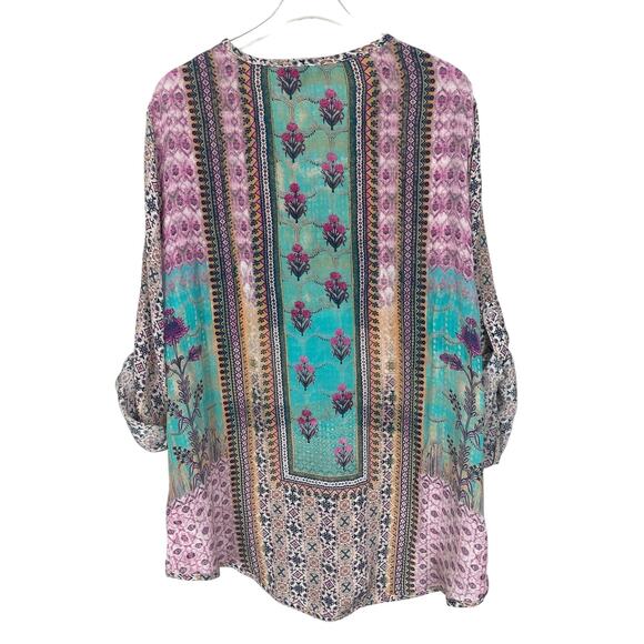 Tolani 100% Silk Printed Tunic Top Roll Tab Sleeves Beach Resort Vacation Large - Picture 9 of 14